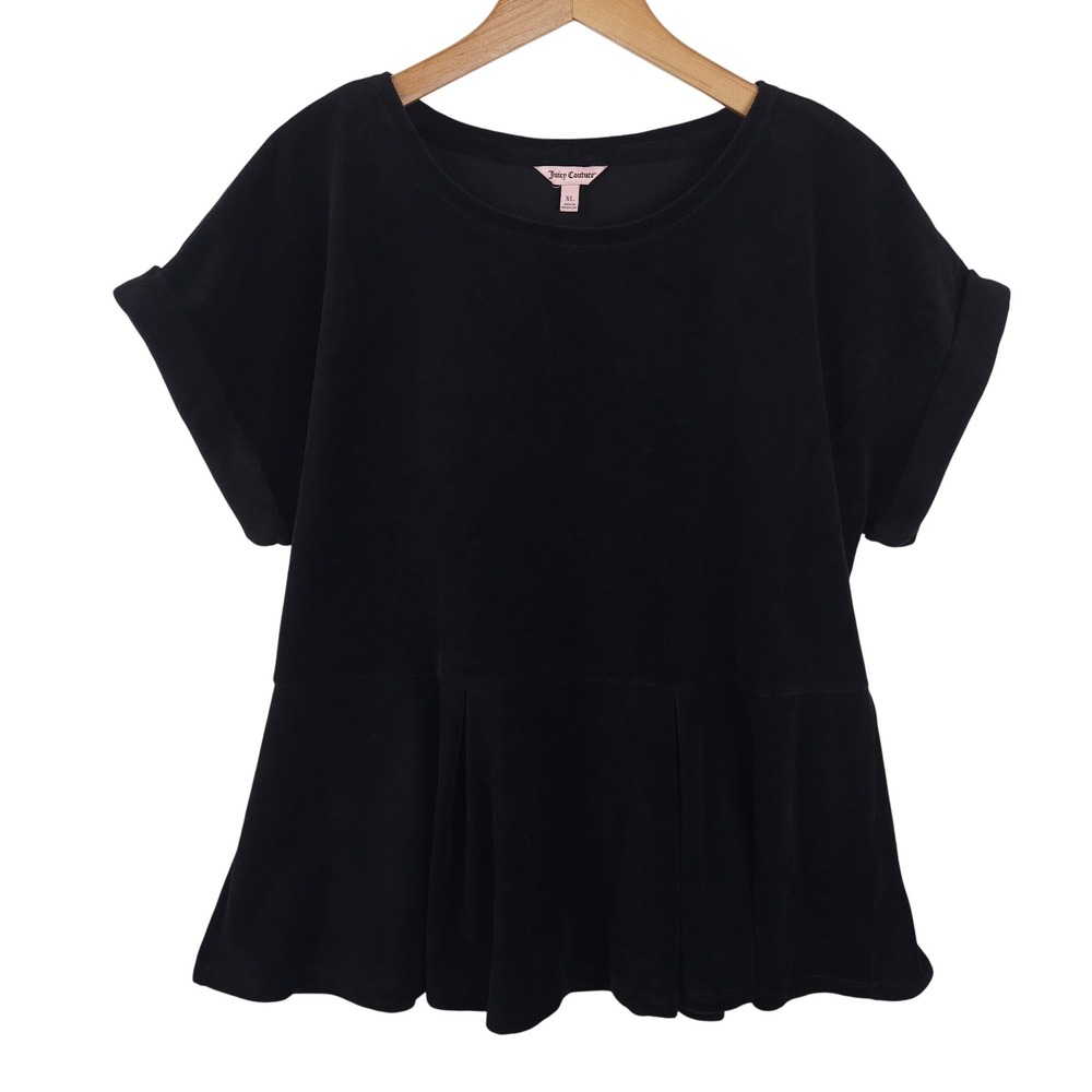 Juicy Couture Black Velour Peplum Top Short Sleeve Pleated Blouse‎ Size XL